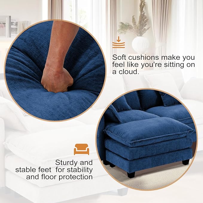 Furniliving 112‘’ L-Shaped Sofa, Luxury Chenille Modular Sectional Couches with Ottoman, Upholstered Deep Seat Sleeper Sofa with Memory Foam and Waist Pillows, Blue
