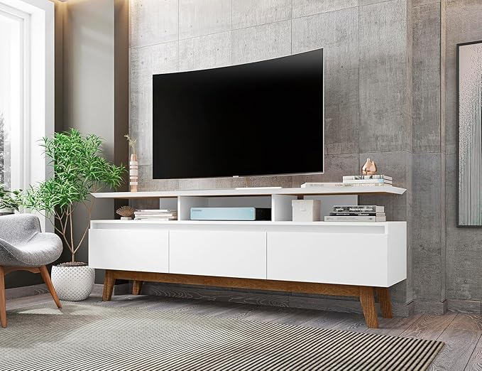 Manhattan Comfort Yonkers 71 Inch Mid Century Modern TV Stand with Storage, 3 Flip Down Door, Hole for Wire Management, Fits Up to 60" Television, Durable & Versatile Console Table, White