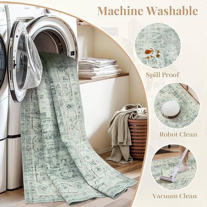 LIVEBOX Washable 2.5x10 Runner Rugs for Entryway Bathroom, Boho Kitchen Floor Mat Long Rug Runners for Hallways Non Slip, Farmhouse Low-Pile Carpet Runners for Laundry Room, Sage Green