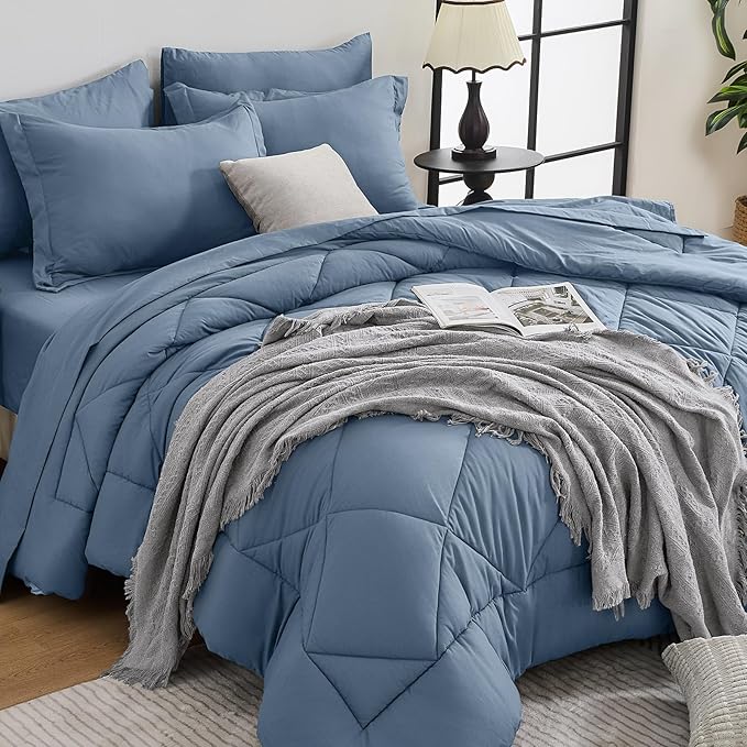 HEVUMYI Dusty Blue Full Comforter Set - 7-Piece All Season Bed in a Bag Full, Ultra Soft Bedding Set with Comforter, Flat Sheet, Fitted Sheet, Pillowcases, Pillow Shams