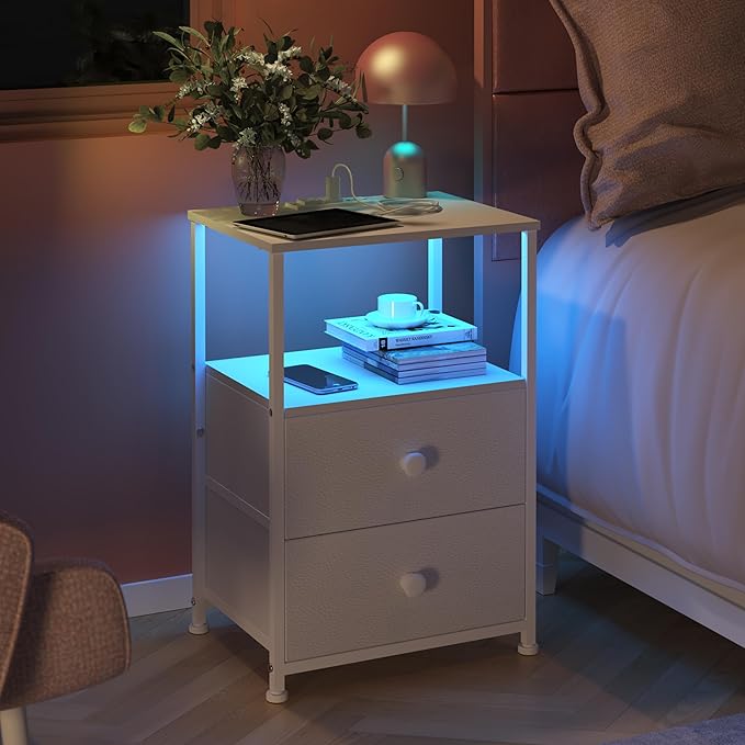 Tohomeor Nightstand with Charging Station LED Light End Table Bedroom Bed Side Dresser with Fabric Drawers Open Storage Shelf Living Room Sofa End Table with USB Ports and Outlet (White, 2 Packs)