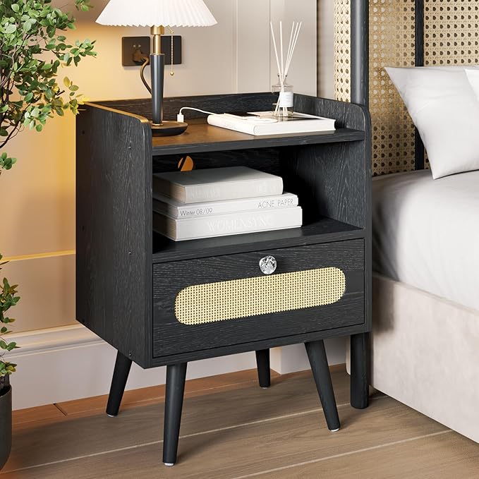 Diamond Décor End Table, Nightstand with Charging Station, Bedside Table with Solid Wood Legs, Black