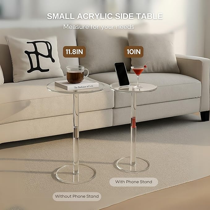 Acrylic Side Table, Round Drink Table for Small Spaces – Modern Clear End Table for Bedroom, Living Room, Office, Outdoor, Bathroom | Minimalist Design, Easy Assembly 11.8" W x 21" H