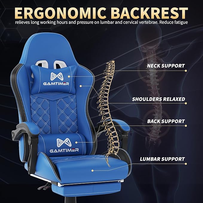 Gaming Chair, 400 lbs Adult Chair, High Back Computer Chair with Footrest and Linked Armrests, Office Video Game Chair with Lumbar Support (Blue)