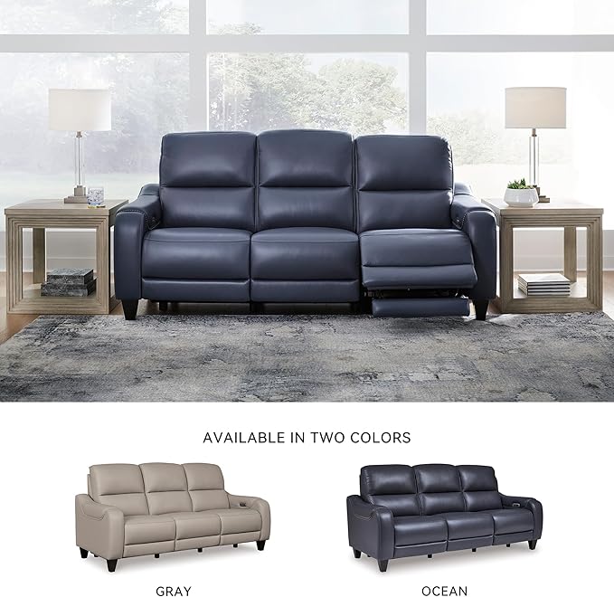 Signature Design by Ashley Mercomatic Contemporary Leather Match Wall Hugger Power Reclining Sofa with Adjustable Headrest and USB Ports, Blue