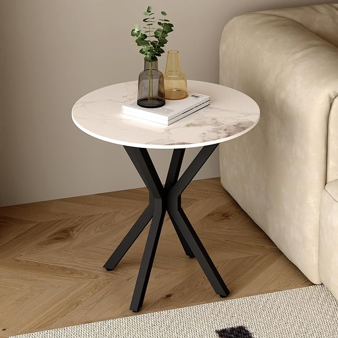 Round Side Table Set of 1, Modern Stylish End Table with Faux Marble Top and Black Metal Legs,Durable Sofa Side Table for Living Room Bedroom