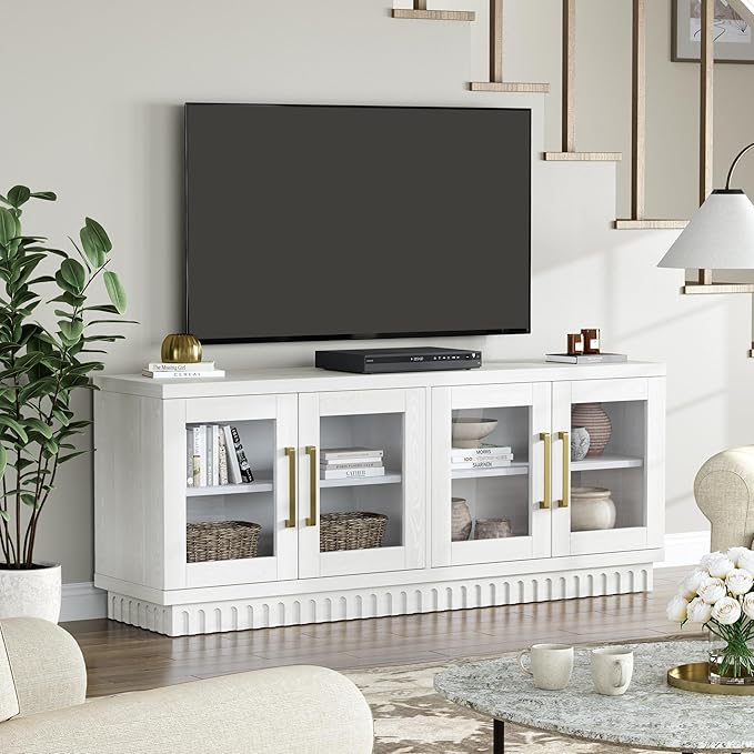 TV Stand for TVs up to 65 Inch, Entertainment Center with Storage Cabinets, Contemporary Modern TV Cabinet Media Console Table with Glass Doors for Living Room Bedroom, Montauk White