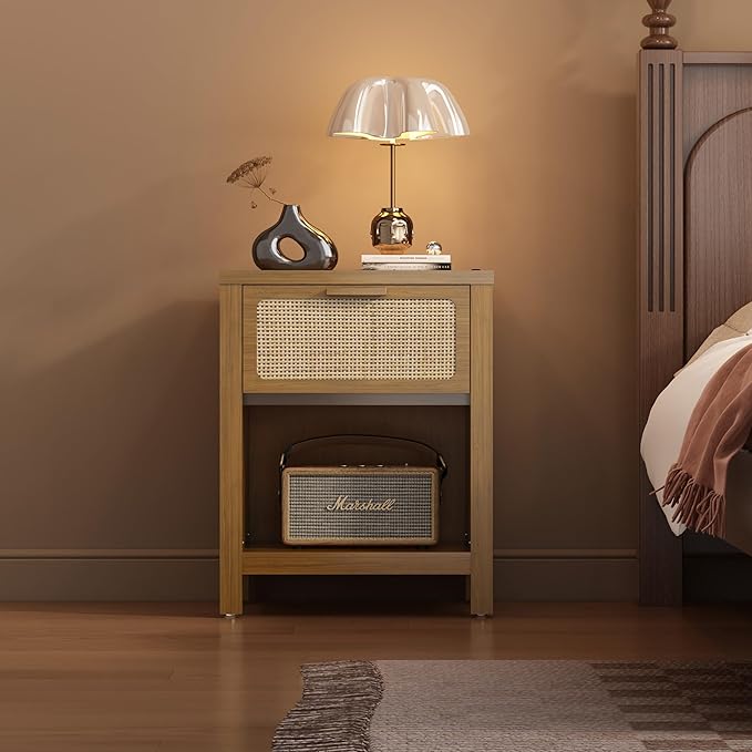 Rattan Nightstand, Mid Century Modern Bedside Table with Opening Storage,Large Side Table with Drawer,Boho Night Stand,Wooden End Table,Handmade Solid Wood Handle,Walnut CTG65BR