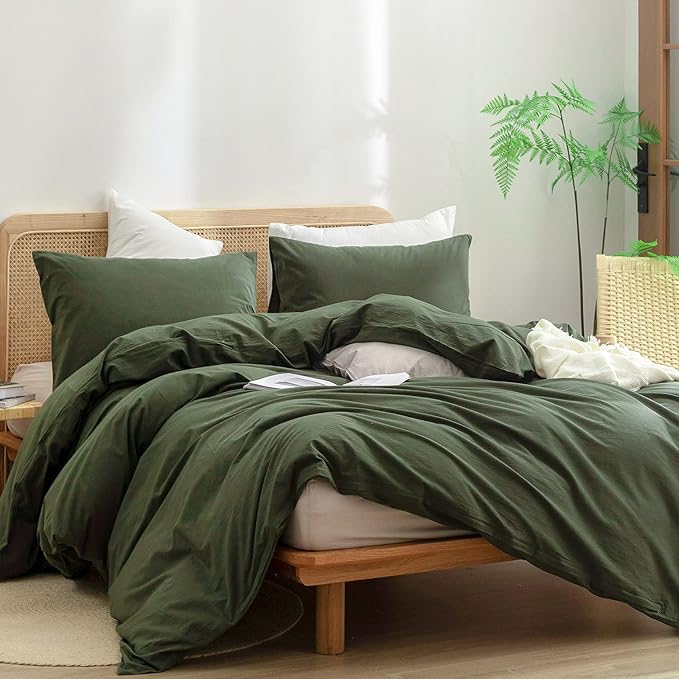 BESTOUCH Duvet Cover Set 100% Washed Cotton Linen Feel Super Soft Comfortable Chic Lightweight 3 PCs Home Bedding Set Solid Olive Green Oversized King