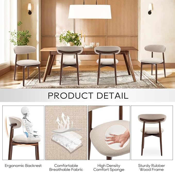 COLAMY Wooden Dining Chairs Set of 2, Modern Fabric Upholstered Kitchen Side Chairs, Farmhouse Dining Room Chair with Foot Pegs, Beige