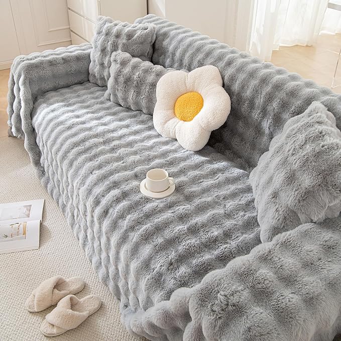 VM VOUGEMARKET Plush Sofa Cover Thick Faux Fur Shaggy Fuzzy Sectional Couch Cover Universal Gray Furniture Cover Fluffy Sofa Slipcover for Couch Sofa Bed-71" x 134"