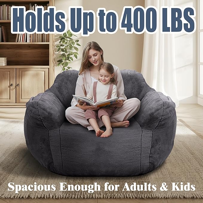 Large Bean Bag Chairs for Adults - Oversized Memory Foam Filled Bean Bag Sofa | Fluffy Adult Bean Bag Chair, Big Bean Bag Chairs for Living Room, Bedroom & Dorm - Dark Gray