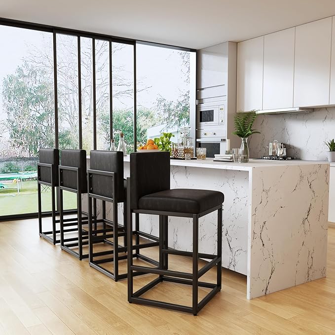 Barstools Set of 2 Black Metal Bar Stools Modern Bar Chairs Pu Leather for Kitchen Island Counter Height Cafe Resturant Stools, 26 Inch