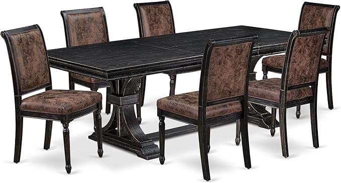 LECY7-SBB-33 7-Piece Modern Dining Table Set Includes a Kitchen Table and 6 Brown Textured Polyester Fabric Dinner Chairs with High Back - Sand Blasting Black Finish