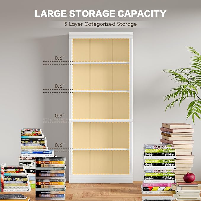 YESHOMY 72" Bookcase and Bookshelf, 5-Tier Wood Bookcases with Shelves, Tall Floor Standing Book Shelf Storage Cabinet Home Decor Furniture for Living Room, Home Office, White, 1 PCS