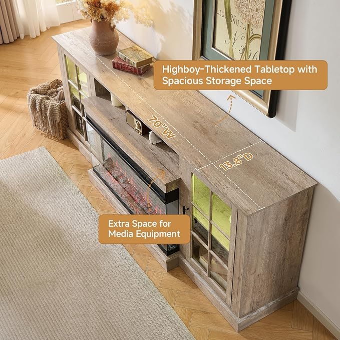 ROCKPOINT 3 Sided Glass 70" Fireplace TV Stand for TVs up to 80", Media Entertainment Center with Glass Door Storage Cabinet for Living Room,36" Electric Fireplace & Adjustable LED Light,Grey