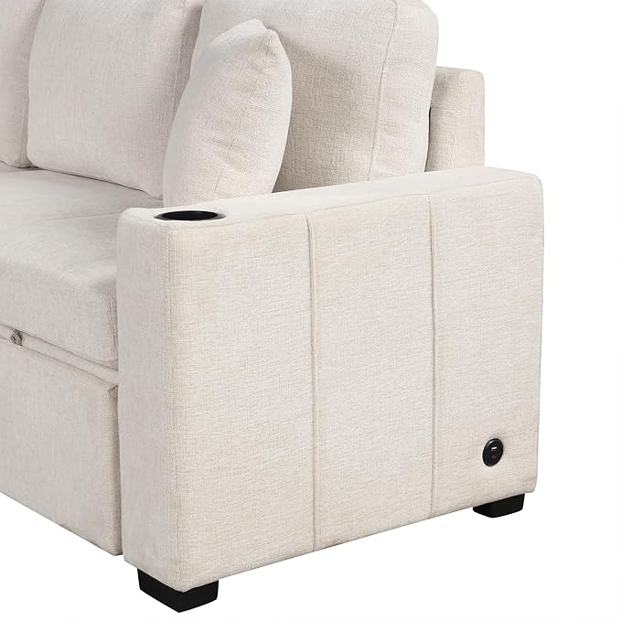 84.7" Symmetrical Convertible Sleeper Sectional Sofa Couch Bed for Living Room 4 Seater L Shaped Reversible Pull Out Sleeper Sofabed with Movable Ottoman ,2 Cup Holders ,USB Ports, Detachable Backrest