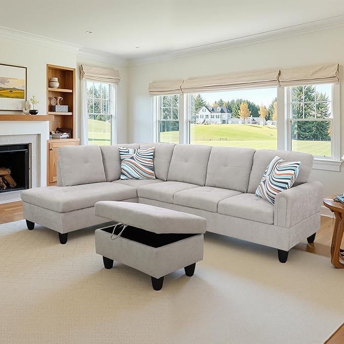 NicBex Sectional Couch 3 Pieces Sofa Set with Right Chaise Flannel L Shaped Cloud Couch for Living Room Furniture Sets with Storage Ottoman, Modular Sofa for Living Room & Apartment, Light Grey