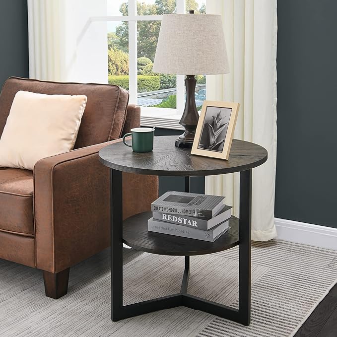 LEEMTORIG Round Side Table, Large 2-Tier End Table Nightstand with Metal Legs, Modern Bedside Couch Table for Living Room, Bedroom, Office, Rustic Black/Black, 25.2 x 25.2 x 24 inches CJZ-1338-BK
