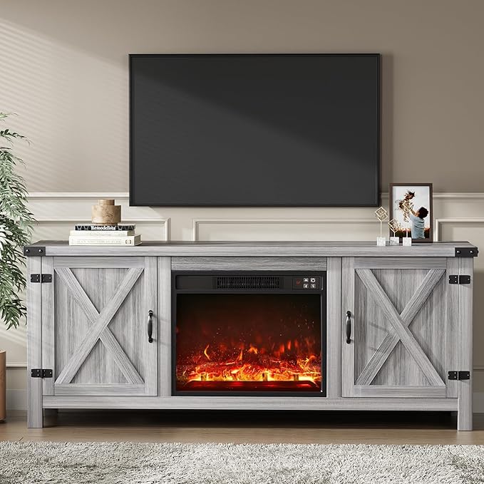 YESHOMY Fireplace TV Stand with Two Barn Doors and Storage Cabinets for Televisions up to 65+ Inch, Entertainment Center Console Table, Media Furniture for Living Room, 58 Inch, Gray Wash