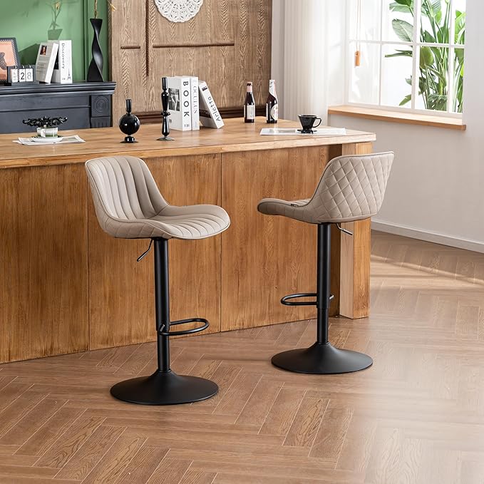 YOUNIKE Khaki White Bar Stools Set of 2 Kitchen Counter Height Barstools Upholstered Swivel Modern Faux Leather Bar Chairs with Backs Adjustable High Breakfast Island Stool with Metal Leg