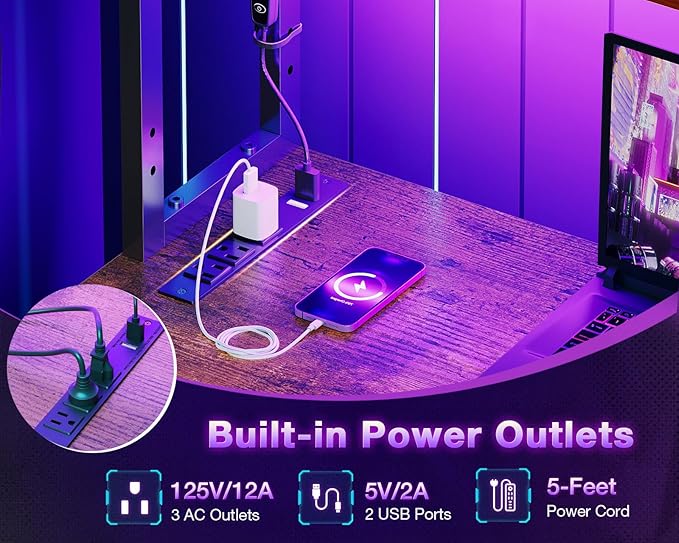 ODK 53 Inch L Shaped Desk with LED Lighting, Reversible Gaming Desk with Power Outlets, Cornor Computer Table with Storage Shelves & Bag & Iron Hook, Home Office Table for Writing, Study, Vintage