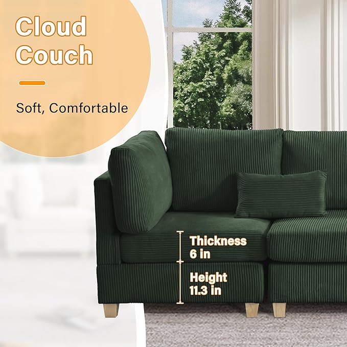126" Convertible L-Shaped Modular Sectional Sofa, 4 Seater Corduroy Upholstered Corner Sofa Couch with Extra Wide Deep Seat, DIY Combination Lounger Sofa with Solid Wood Legs for Living Room Office