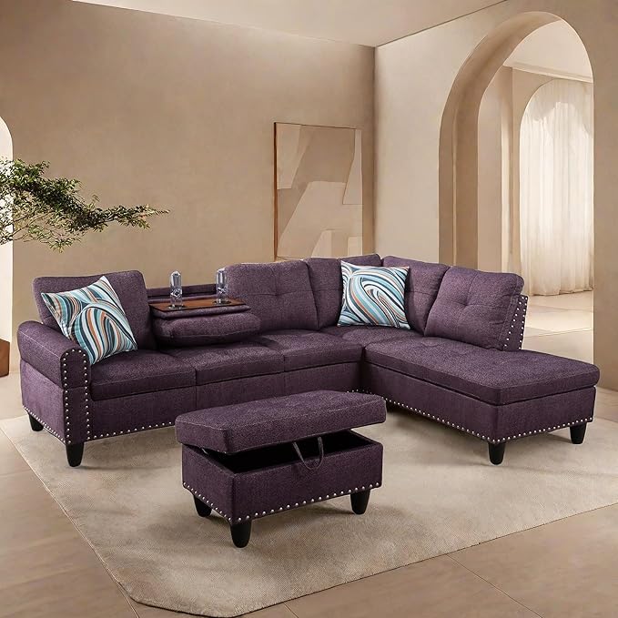 L Shaped Sectional Couches, Modular Sectional Sofa with Ottoman Storage, Nail-Head Design Lounge Sofa with Reversible Cup Holder for Living Room, Bedroom, Purple