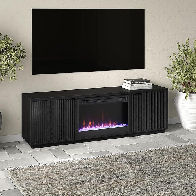 Henn&Hart Rectangular TV Stand with 26" Crystal Fireplace for TV's up to 78" in Black Grain, for Home, Living Room, Bedroom, Entertainment Room, Office