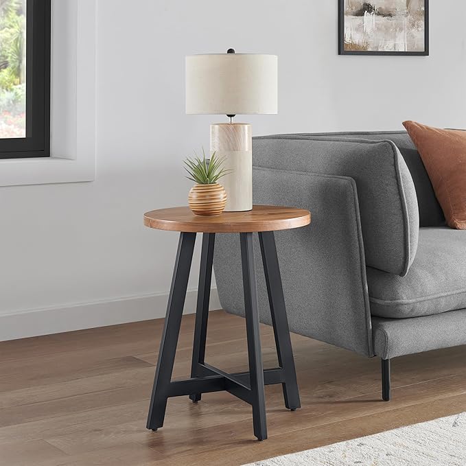 Lavish Home End Table - Industrial Side Table with MDF Top and Metal Frame - Round Table for Living Room, Bedroom, Hallway, or Dorm Room (Walnut)