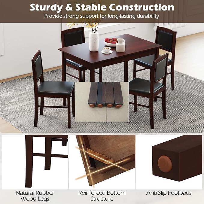 Giantex 5-Piece Dining Table Set for 4 - Breakfast Nook Table Set with Kitchen Table, 4 Upholstered Chairs, Wood Legs, Space-Saving Dinette Set, Kitchen Table Chairs Set of 4 (Cherry Brown)