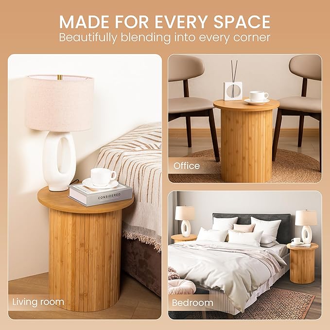 Handcrafted Round Fluted Pedestal End Table with Natural Wood Grain & Bamboo Base – Round Side Table, Coffee Table, Drink Table, Bedside Table for Bedroom, Living Room - 15.7” x 17.8” x 12”