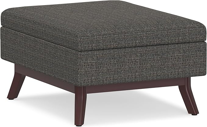 SIMPLIHOME Owen 34 inch Wide Mid Century Modern Rectangle Coffee Table Storage Ottoman in Ebony Tweed Look Fabric, Assembled, for the Living Room, Entryway and Family Room