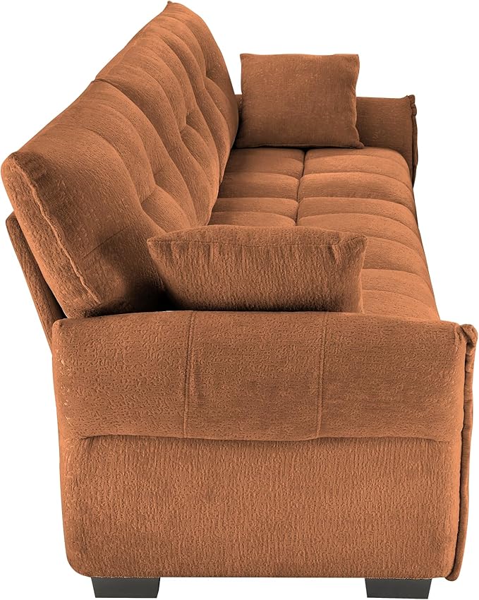 Modern Chenille Fabric 3-Seat Sofa w/ 2 Pillows, Premium Upholstery Living Room Couch with Tufted Backrest & Comfortable Armrests and High-Resilience Memory Foam Cushions,Orange