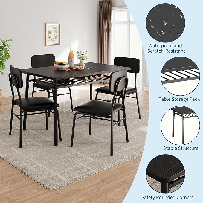 GAOMON 5-Piece Dining Table Set for 4, Wood Kitchen with Built-in Storage Rack,Small Kitchen Table with Upholstered Chairs and Metal Frame for Small Spaces, Black