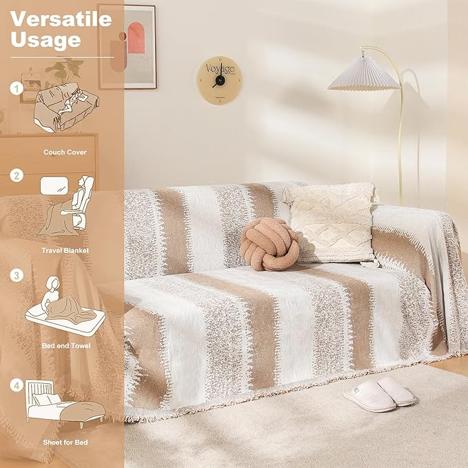 Boho Couch Cover, Sofa Cover, Sofa Covers for 2 Cushion Couch, Washable Sectional Couch Covers for Dogs Pet Furniture Protector Couch Cover Blanket for Living Room (1# Khaki, 71" x 118")