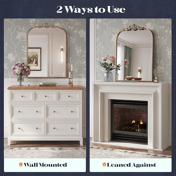 Antique Baroque Gold Mirror, 24” x 36” Vintage Vanity Mirror for Fireplace Mantel, Arch Bathroom Mirror for Wall with Ornate Metal Frame for Entryway Bedroom Living Room