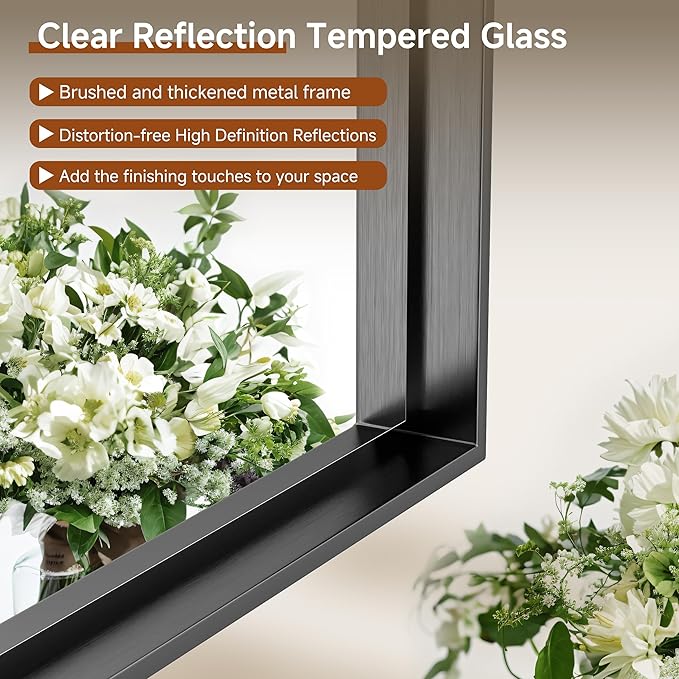 DENRICK 30X36 Inch Black Metal Framed Bathroom Mirror for Wall, Brushed Black Bathroom Vanity Mirrors, Anti-Rust, Tempered Glass, Hangs Horizontally or Vertically
