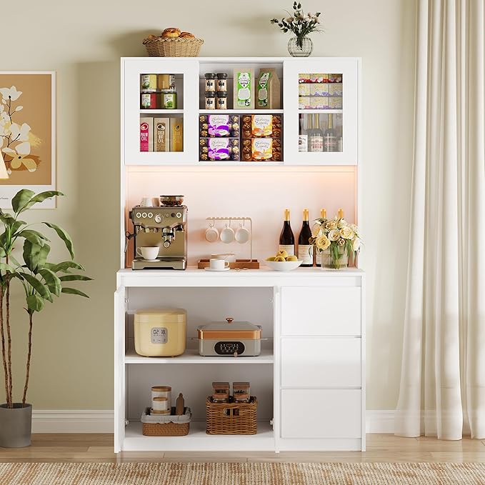 Garvee Kitchen Pantry Cabinet,71" Tall Storage Cabinet with Doors and Shelves Adjustable,Kitchen Storage Hutch with Microwave Shelf, Led Lights and Charging Station,Corner Pantry Cabinet,White