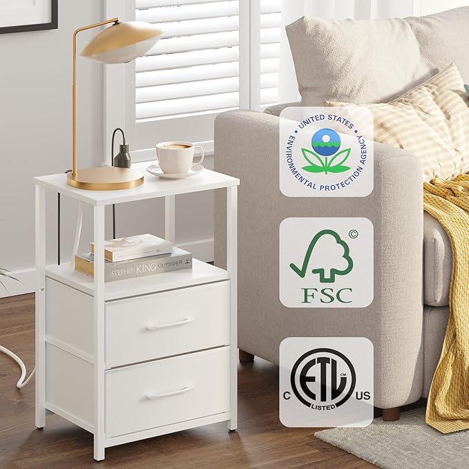 TUTOTAK End Table with Charging Station, Side Table with 2 USB Ports and Outlets, Nightstand with Cloth Drawer, Set of 2, Couch Table, White TB01BW052