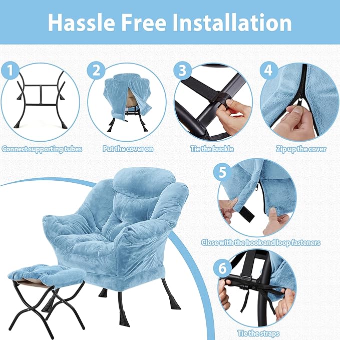 Lazy Chair with Folding Ottoman, Accent Chair Plush Upholstered with Metal Structure and Non-Slip Pads, Sofa Armchair with Footrest and Side Storage Bag for Dorm, Room, Office, Blue