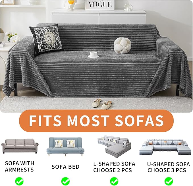 HAOMAIJIA Faux Fur Sofa Covers Couch Covers for 3 Cushion Couch Sofa Pet Friendly Soft Non Slip Couch Cover for Dogs Washable Sectional Couch Covers L Shape Furniture Protector (Grey, 71"x150")
