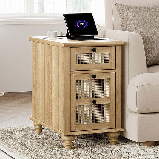 WAMPAT Farmhouse End Table with Charging Station, Rattan Side Table with Drawer & Storage Cabinet, Wooden Oak Nightstand with Power Outlets & USB Ports for Living Room, Bedroom, Burlywood
