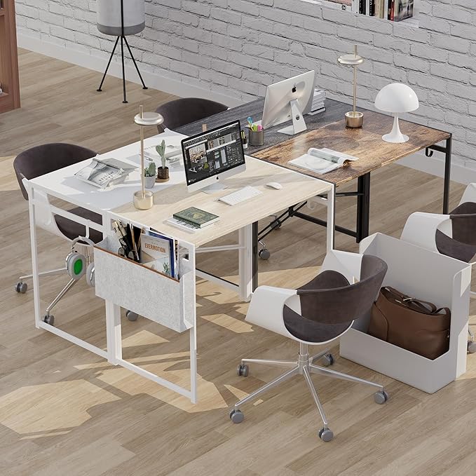 JSB Small Folding Computer Desk with Storage Bag and Hook Writing Modern Industrial Work Table Laptop for Home Office White (Natural & White, 31.5")