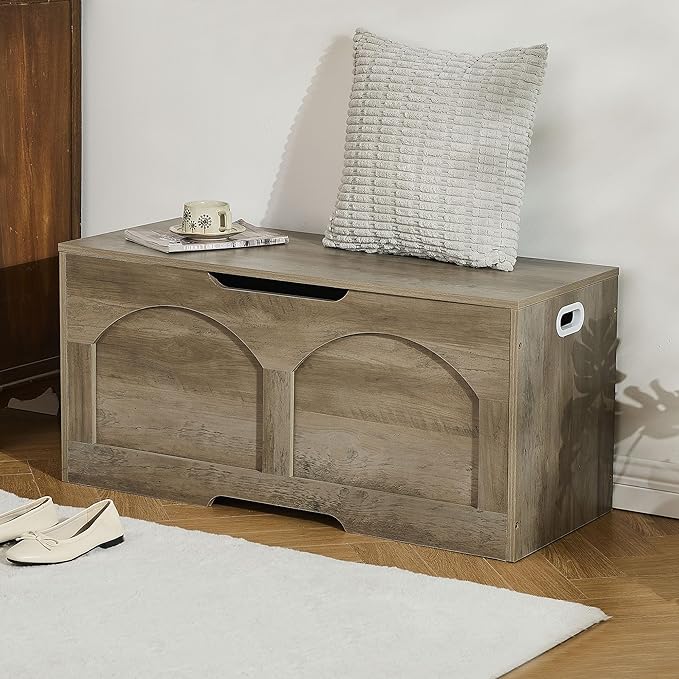 Storage Bench, 39.4" Retro Wooden Storage Chest Trunk, Large Toy Chest with Lift Top, Toy Box U-Shaped Opening, 39.4" x 15.7" x 18.3", Supports 330 lb, Entryway Bench for Living Room, Grey