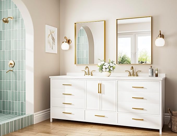 Keonjinn 24 x 32 In Brushed Gold Bathroom Mirror for Over Sink Shiny Gold Rectangle Wall Mirror Metal Framed Rectangular Farmhouse Mirror Modern Square Corner Framed Vanity Mirror(Horizontal/Vertical)