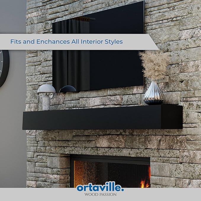 66" Floating Mantel Shelf - Modern White Fireplace Mantel with Matte Lacquer Finish for Living Room Elegance (66", Black)