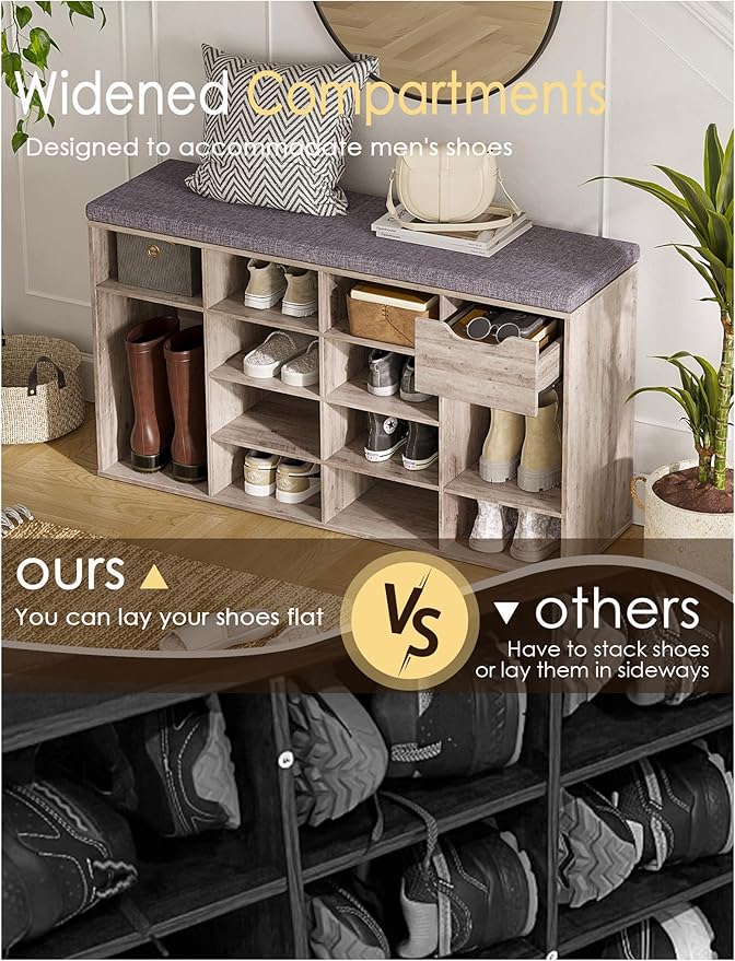 DINZI LVJ Shoe Bench, Entryway Storage Bench with Drawer and 15 Cubbies, Cubby Shoe Rack with Adjustable Shelves, Shoe Organizer Cabinet for Living Room, Bedroom, Mudroom, Closet and Garage, Greige
