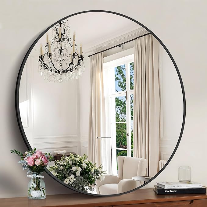 Black 39-Inch Round Mirror - Wall Mounted Aluminum Alloy Metal Frame for Bathroom, Entryway, Living Room, Large Over Sink