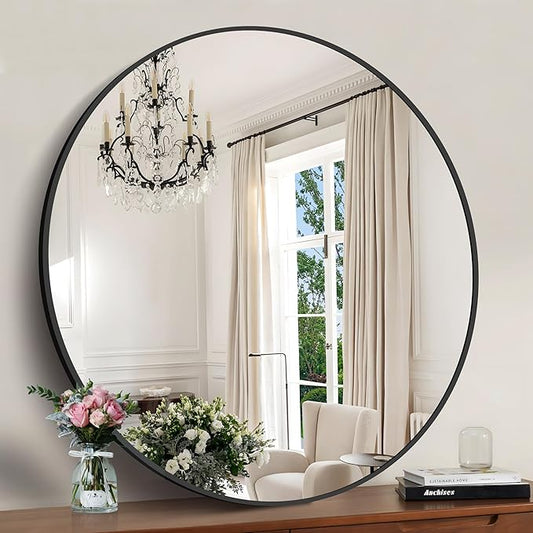 Black 39-Inch Round Mirror - Wall Mounted Aluminum Alloy Metal Frame for Bathroom, Entryway, Living Room, Large Over Sink